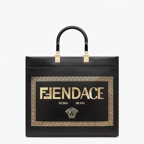 Чанта за шопър Fendi Sunshine Medium Fendace с черна кожена чанта с лого 8BH386A