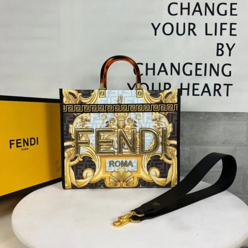 Чанта за шопър от кожа Fendi Sunshine Medium Fendace с щампа в бяло 8BH386A-2
