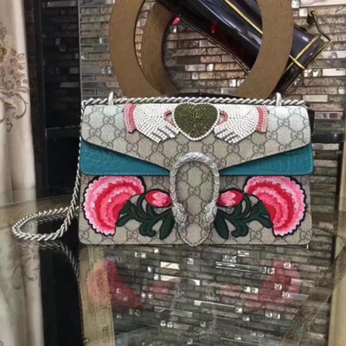 Чанта за рамо Gucci Dionysus с бродерия 400249 в син цвят Croco