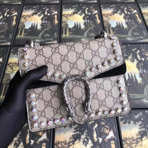Gucci Dionysus GG Supreme платнена кристална мини чанта 421970 черна