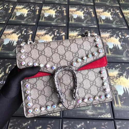 Gucci Dionysus GG Supreme платнена кристална мини чанта 421970 червена