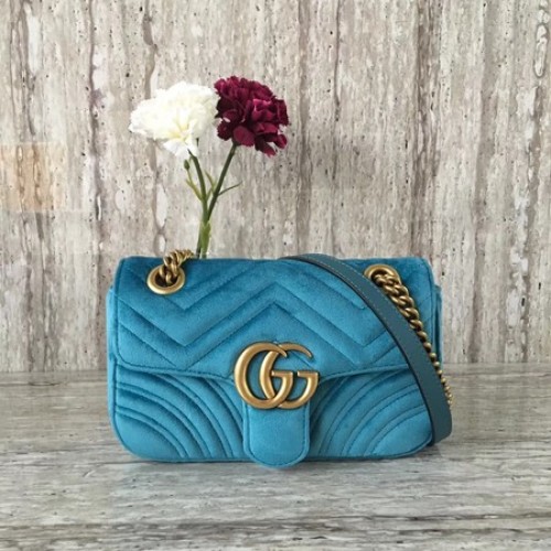 Gucci GG Marmont Chevron кадифена мини чанта 446744 синя