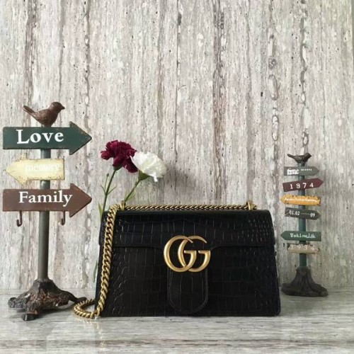 Чанта през рамо от крокодилска кожа Gucci GG Marmont 431777 черна
