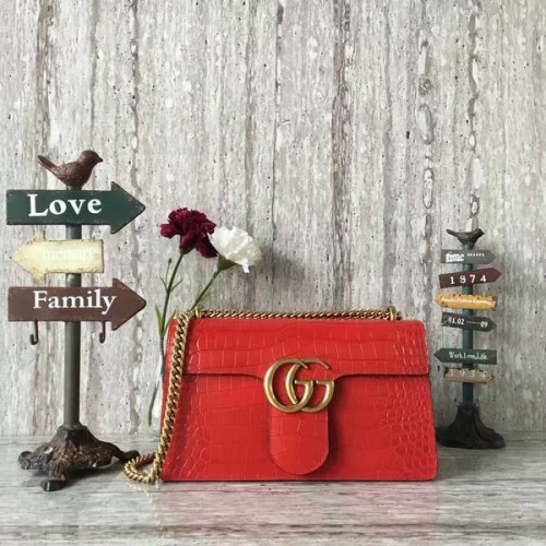 Чанта през рамо от крокодилска кожа Gucci GG Marmont 431777 червена