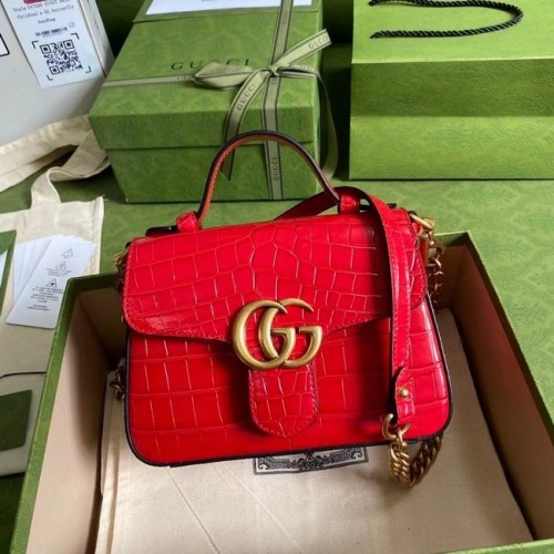 Gucci GG Marmont мини чанта с горна дръжка от крокодилска кожа 547260 червена