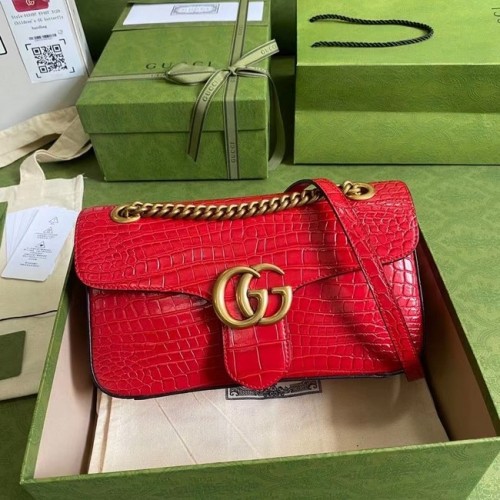 Малка чанта за през рамо Gucci GG Marmont с крокодилска кожа 443497 червена