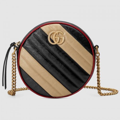 Мини кръгла чанта за рамо Gucci GG Marmont 550154 Бежово и черно