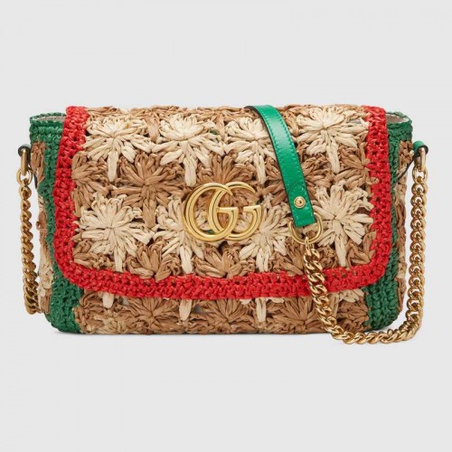 Малка чанта за рамо Gucci GG Marmont от рафия 574433 Червено и зелено