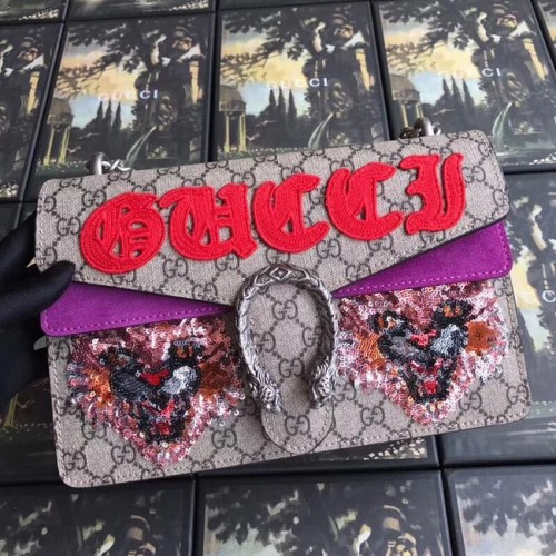Малка чанта през рамо Gucci GG Supreme от плат Dionysus 400249 в лилаво