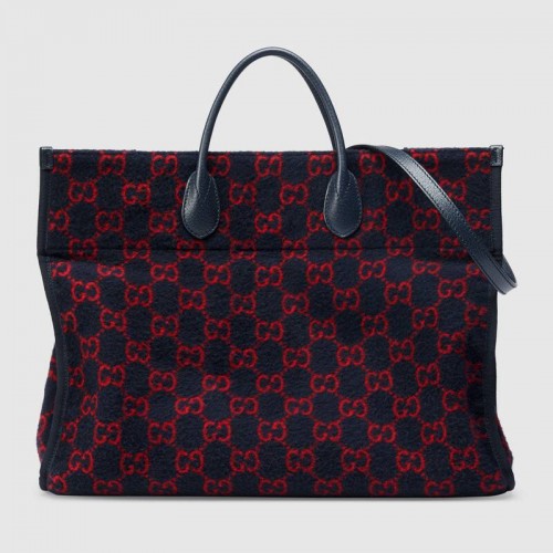 Вълнена пазарска чанта Gucci GG 598169 в синьо и червено