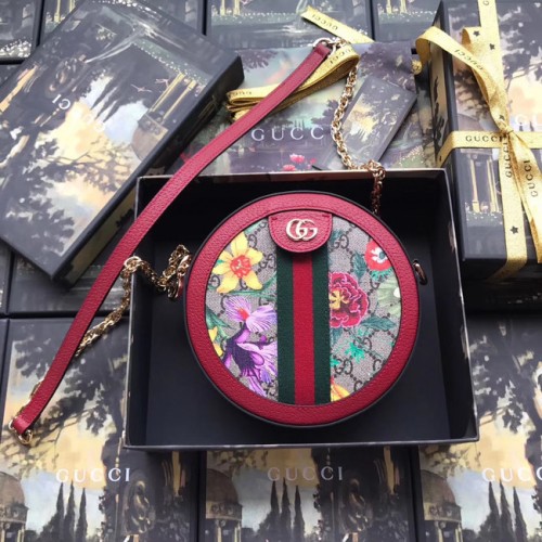 Мини чанта през рамо Gucci Ophidia серия GG с цвете и кръгла форма 550618 червена