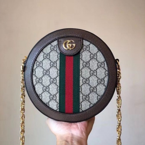 Gucci оригинална кожена чанта през рамо Ophidia мини GG кръгла 171288 кафява