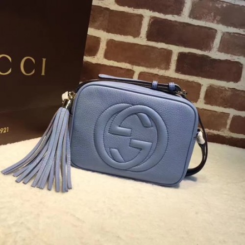 Кожена диско чанта Gucci Soho Metallic 308364 Синя