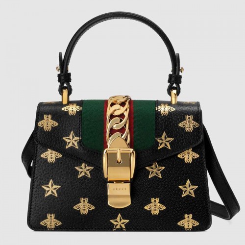 Gucci Sylvie Bee Star мини кожена чанта 470270 черна