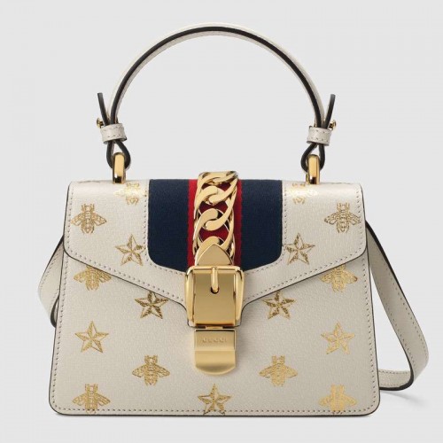Gucci Sylvie Bee Star мини кожена чанта 470270 бяла
