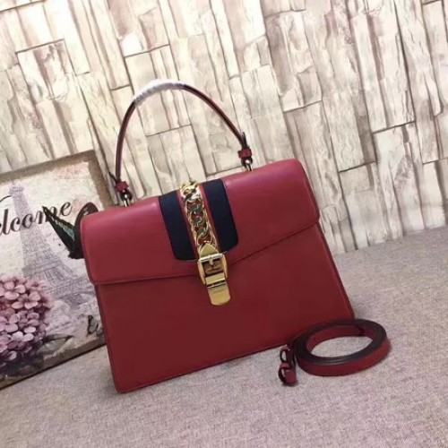 Кожена чанта Gucci Sylvie с горна дръжка 431665 червена