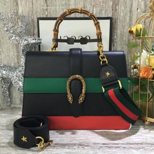 Кожена чанта Gucci Dionysus с горна дръжка 421999 черно-зелено-червено