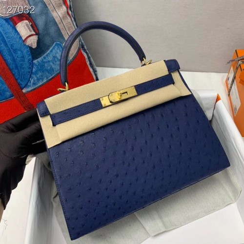 Hermes Kelly Bag Original Leather Ostrich Skin H5600 тъмно синьо