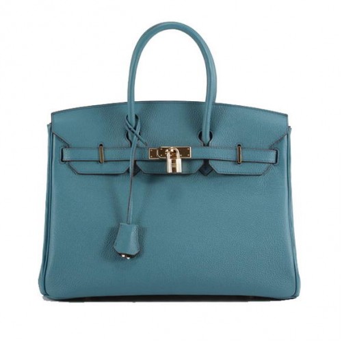 Hermes Birkin 35CM гладка кожена чанта 6089 синьо златисто