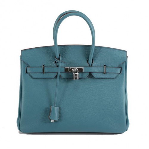 Hermes Birkin 35CM гладка кожена чанта 6089 синьо сребро