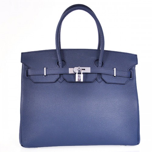 Hermes Birkin 35CM гладка кожена чанта 6089 тъмносиньо сребро