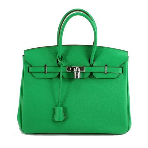 Hermes Birkin 35CM гладка кожена чанта 6089 тъмно зелено сребро