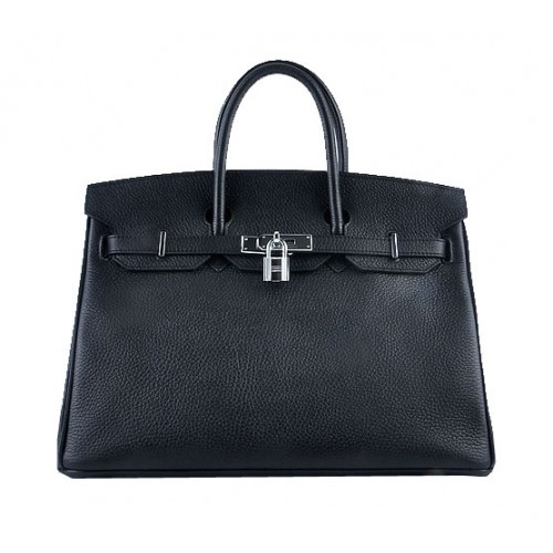 Hermes Birkin 35 см чанта от черна зърнеста кожа, сребриста