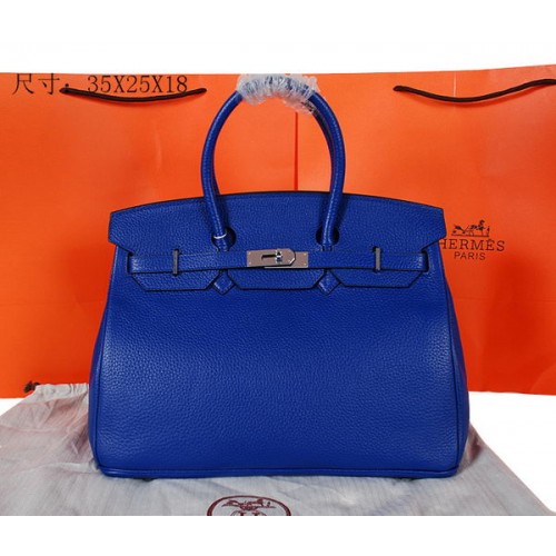 Hermes Birkin 35 см чанта от естествена кожа, синя, H35 сребриста