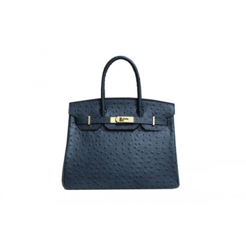Hermes Birkin 35CM чанта от тъмносиня щраусова кожа BK35 злато