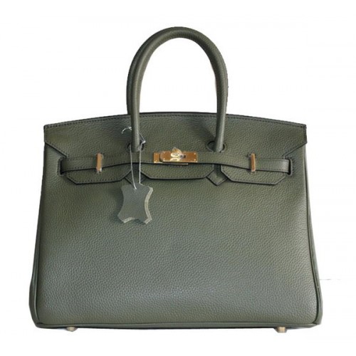 Hermes Birkin 35 см чанта от кожа тъмнозелена Clemence H6089 злато