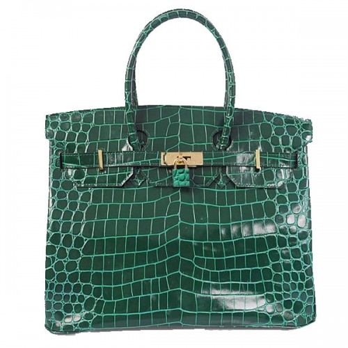 Hermes Birkin 35 см чанта от зелена иридесцентна крокодилска кожа, злато