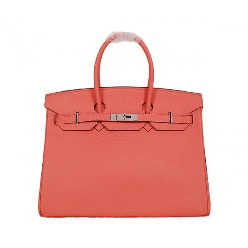 Hermes Birkin 35 см чанта от кожа светлочервена Clemence H35 сребърна