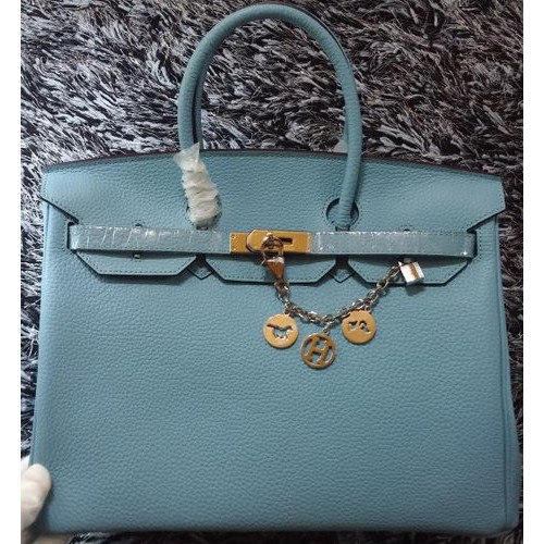 Hermes Birkin 35 см чанта от кожа с личи HB35GL светло синьо