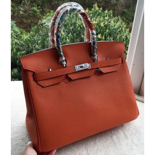 Hermes Birkin 35CM чанта от телешка кожа в оранжево BK35 сребристо