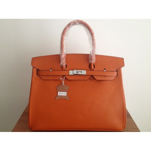 Hermes Birkin 35 см чанта с лого, оранжева, Clemence кожа H6089, сребърна
