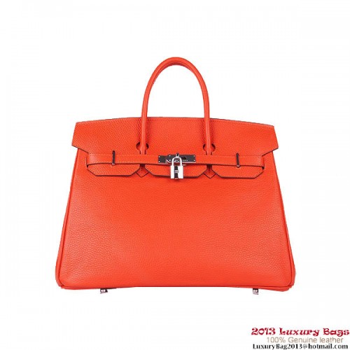 Hermes Birkin 35 см чанта с лого, оранжева, Clemence кожа H6089, сребърна