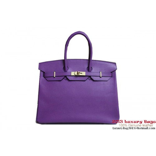 Hermes Birkin 35 см чанта от кожа с пурпурен цвят Clemence H6089 злато