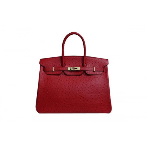 Hermes Birkin 35 см чанта от червена щраусова кожа BK35 злато