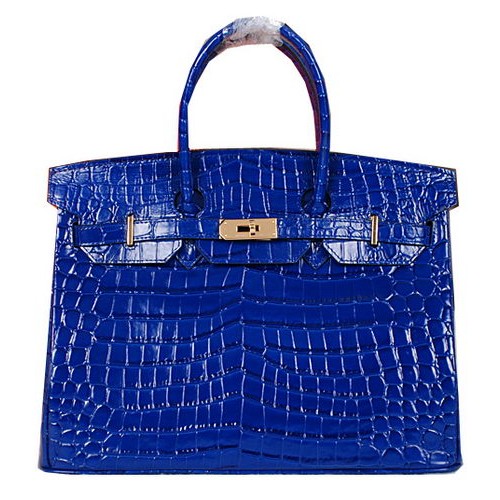 Hermes Birkin 35 см чанта от лъскава крокодилска кожа H35C синьо