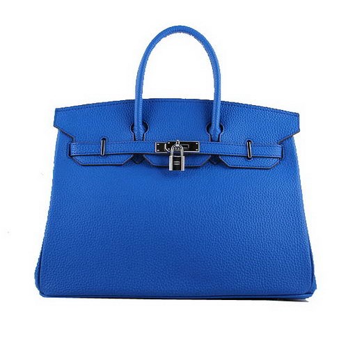 Hermes Birkin 35CM чанта Tote синя зърнеста кожа H-35 сребърна