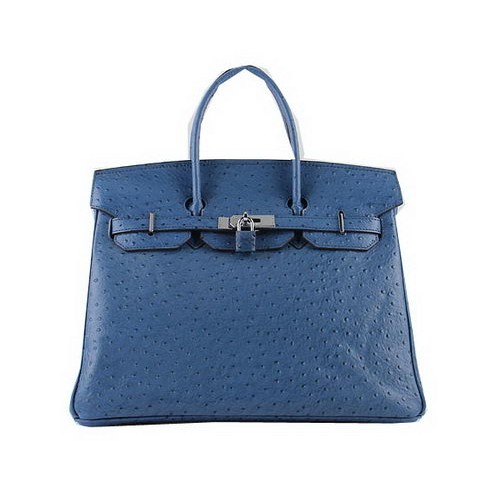 Hermes Birkin 35 см чанта тоте синьо щраусова кожа H6089 сребро
