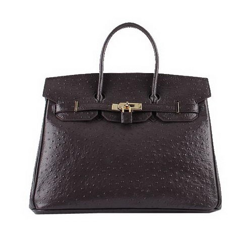 Hermes Birkin 35 см чанта от тъмнокафява щраусова кожа H6089 злато