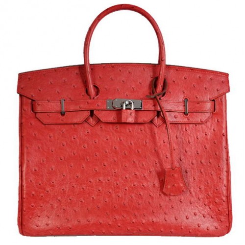 Hermes Birkin 35 см чанта от щраусова кожа от Того, червено и сребърно