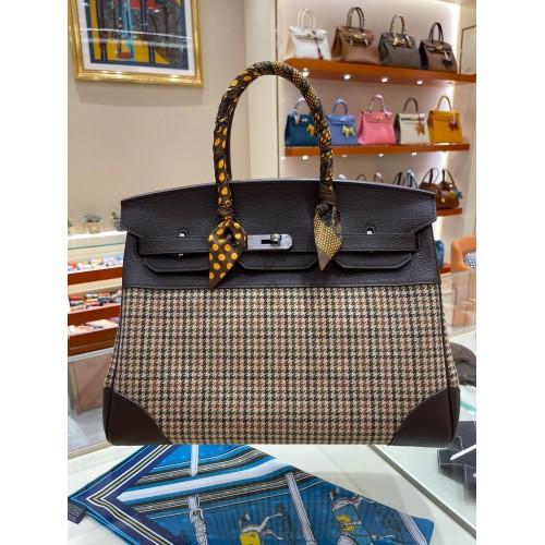 Hermes Birkin чанта оригинална кожа 35 см 17888 Houndstooth тъмнокафява