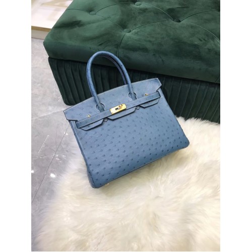 Hermes Birkin чанта оригинална кожа от щраусова кожа HBK2530 синьо