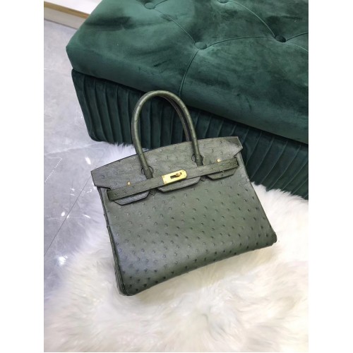 Hermes Birkin чанта оригинална кожа щраусова кожа HBK2530 черно-зелена