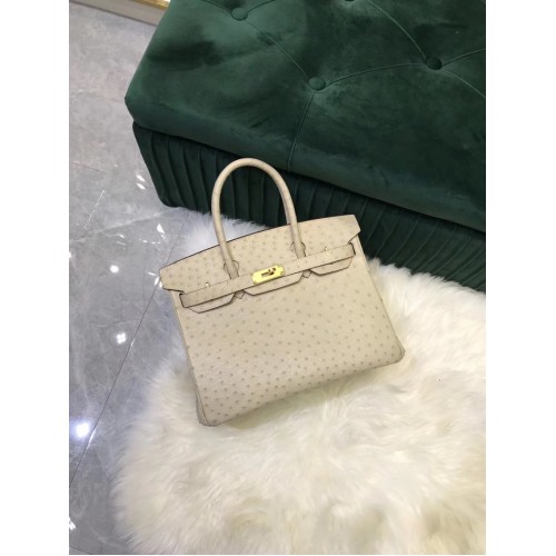Hermes Birkin чанта оригинална кожа от щраусова кожа HBK2530 кремава