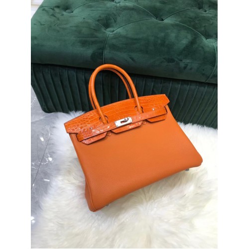 Hermes Birkin чанта оригинална кожа крокодилска чанта togo HBK2530 оранжева