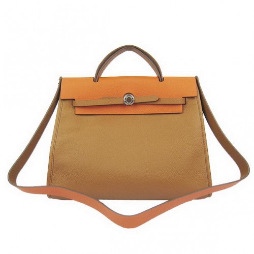 Hermes HerBag 33CM Togo кожена чанта кафяво и оранжево