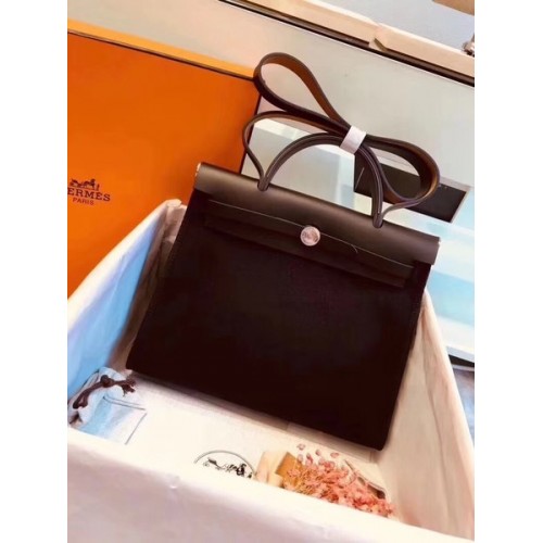 Hermes Herbag 31CM оригинална платнена кожена чанта от телешка кожа 45987 черно